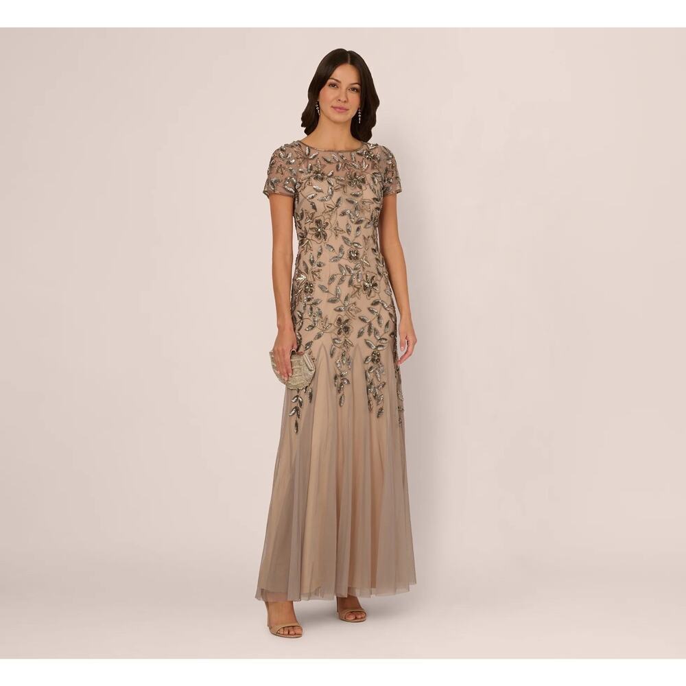 Adrianna Papell Taupe Embroidered Short-Sleeve Maxi Dress